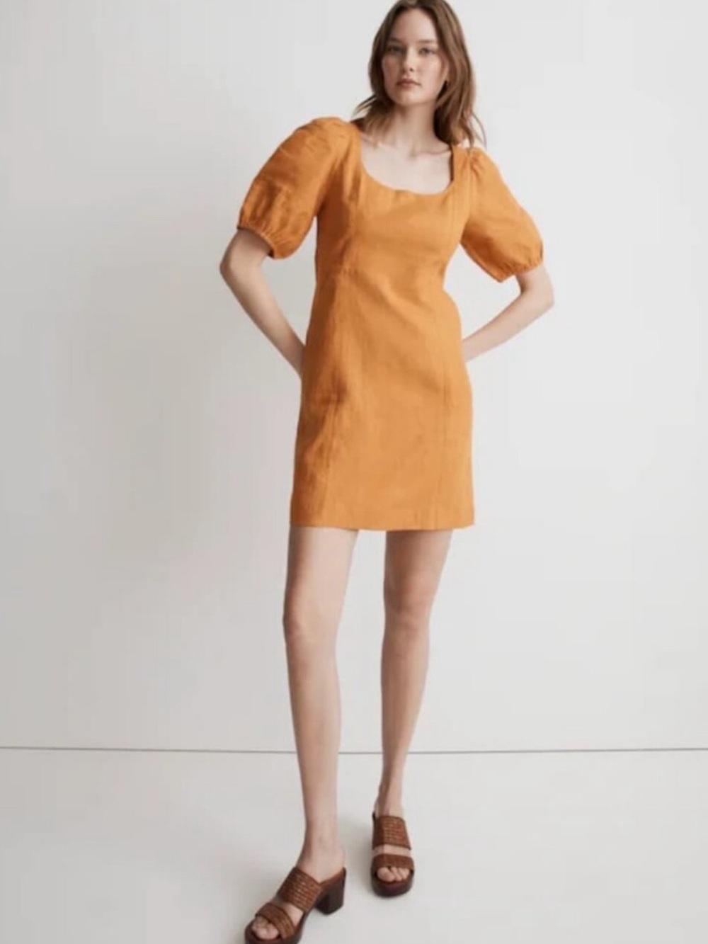 Madewell Puff Sleeve Square-Neck Mini Dress in Mustard
